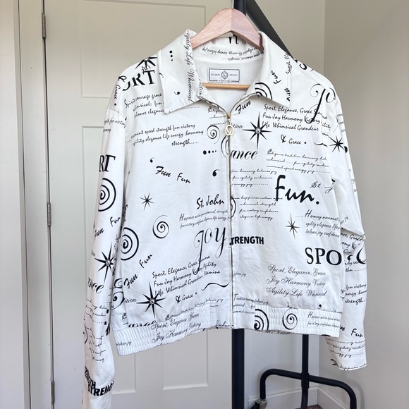 St. John Jackets & Blazers - St. John Sport Jacket Women's Black White Script Bomber Full Zip Logo Lined Sz M